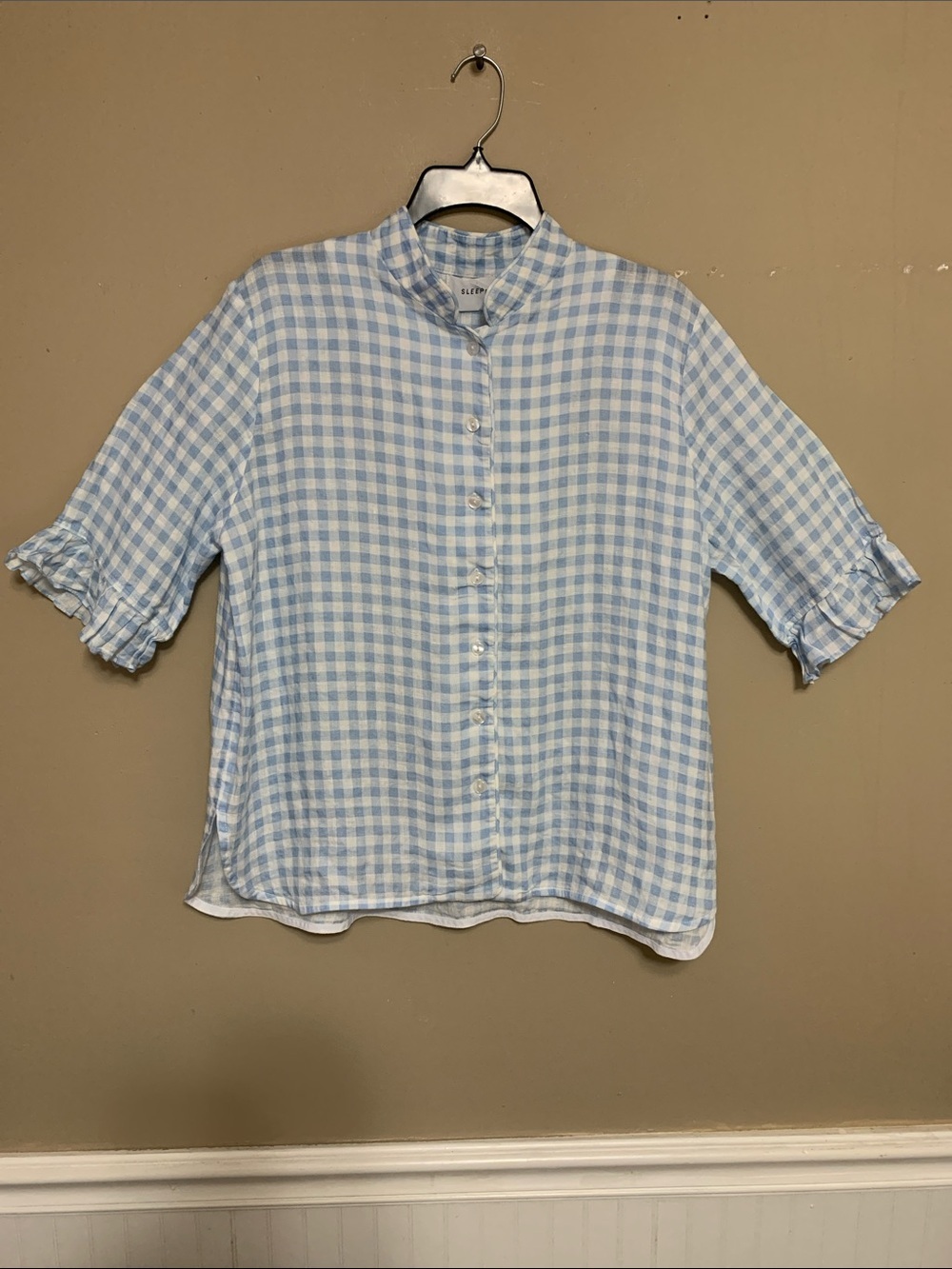 Sleeper Women’s 100% Linen Large Light Blue and White Gingham Button Down Shirt